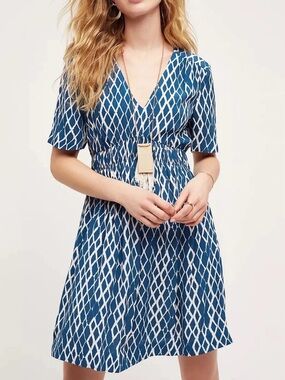 HD in Paris Archipaego Anthropologie V-Neck Geo Print Mini Dress Smocked Office